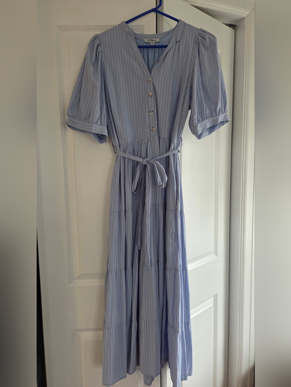 Polygram Light Blue Striped Tiered Maxi Dress with Tie Belt